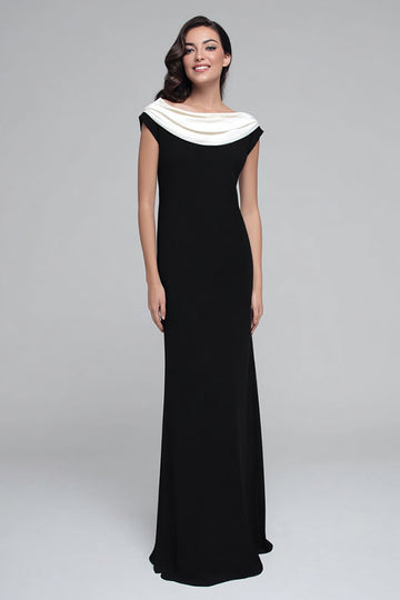 Black and White Cowl Neck Sheath Long Formal Dress with Sleeves